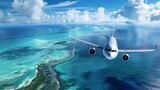 Airplane flies low over blue sea near green islands, Bahamas. White airplane, low over Bahamas, clear waters beneath.