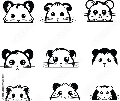  cute peeking hamster silhouette set vector illustration.