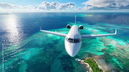 Airplane flies low over blue sea near green islands, Bahamas. White airplane, low over Bahamas, clear waters beneath.