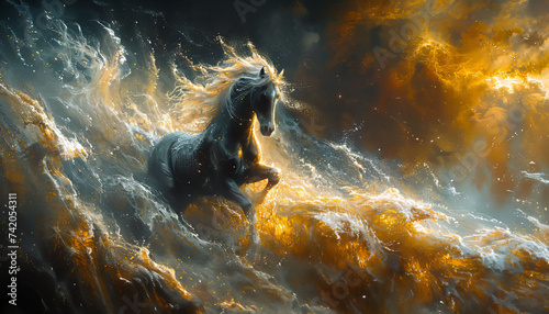 Abstract horse emerging from cosmic waves and golden light