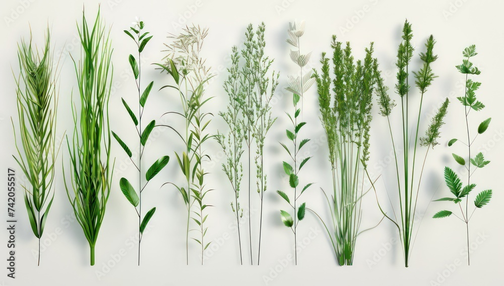 a bunch of different kinds of grasses and leaves, in the style of realistic details, absinthe culture, high detailed, organic simplicity - obrazy, fototapety, plakaty 