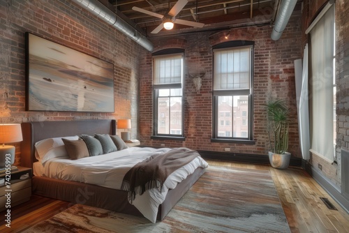 a contemporary bedroom with brick walls, a fan and wooden floors, in the style of photorealistic paintings, large canvas sizes, eco-friendly