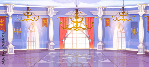 Ballroom interior. Beautiful banquet hall in royal medieval castle with curtains, baroque columns and chandeliers. Empty room for ceremony and events. Banner Design. Cartoon flat vector illustration