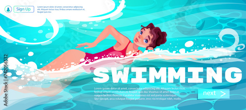 Banner with girl swimming in pool. Poster with character doing water sports or activities in water. Fitness and healthy lifestyle. Design element for landing page. Cartoon flat vector illustration