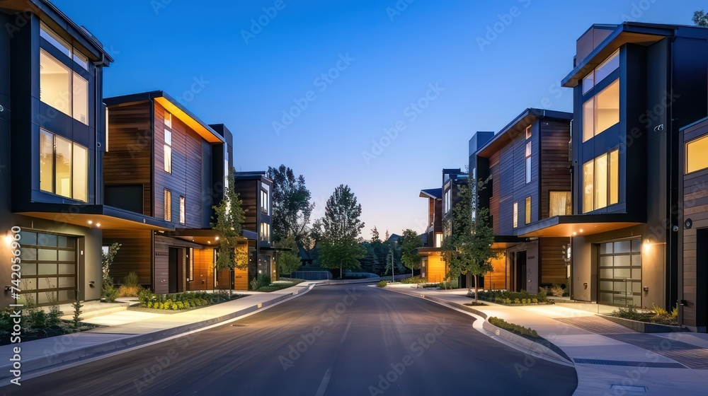 modern townhouse development with a dark road in the middle of the street