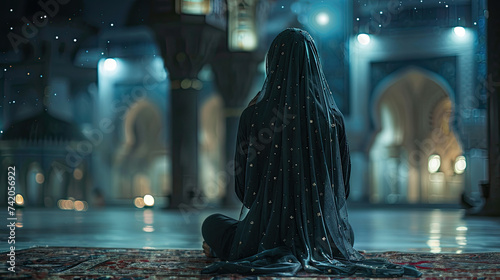 muslim woman praying in mosque with night star view in background, Festive greeting card, invitation for Muslim holy month Ramadan Kareem.