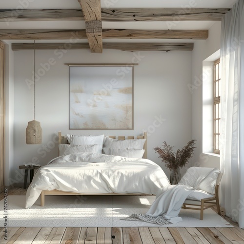 white bedroom with wooden floors, beams and a bed, in the style of precisionist, textured canvas, realistic landscapes with soft, tonal colors