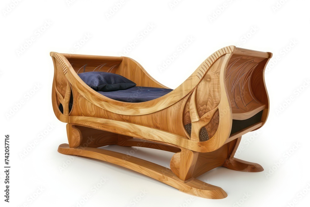 wooden crib and bed on a white background, in the style of art nouveau curves wooden crib and bed on a white background, in the style of art nouveau curves