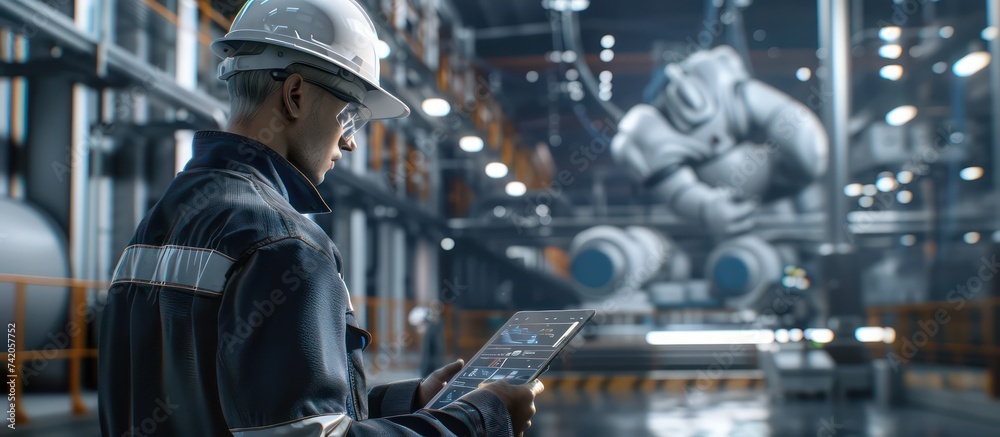 worker with a tablet computer in an industrial setting, in the style of robotic motifs, digital as manual, light indigo and light bronze worker with a tablet computer in an industrial setting, in the style of robotic motifs, digital as manual, light indigo and light bronze