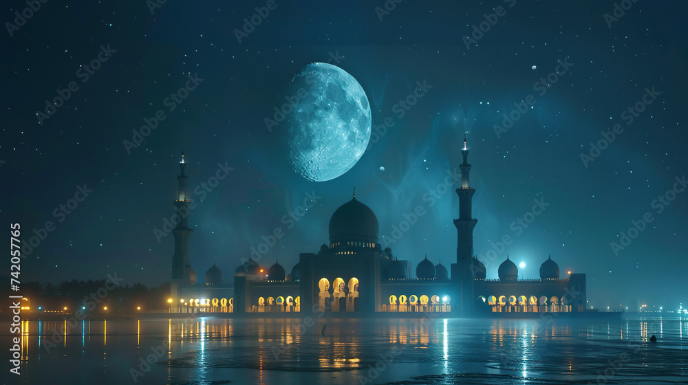 Festive greeting card, invitation for Muslim holy month Ramadan Kareem or eid, with mosque and moon view in night , glowing moon light - obrazy, fototapety, plakaty 
