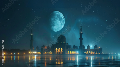 Festive greeting card, invitation for Muslim holy month Ramadan Kareem or eid, with mosque and moon view in night , glowing moon light