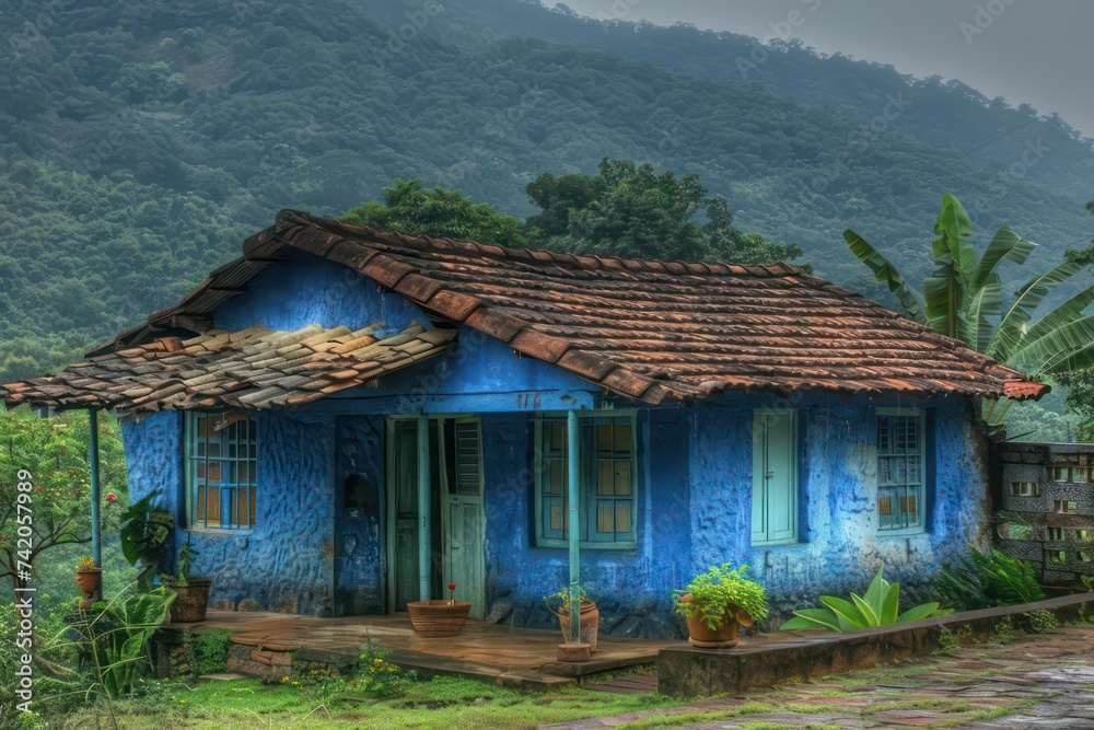 an blue clapboard house with tiled roof in a rural area, dark crimson and green, use of earth tones