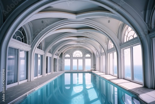 interior pool of a white villa near the sea  in the style of sky-blue and brown