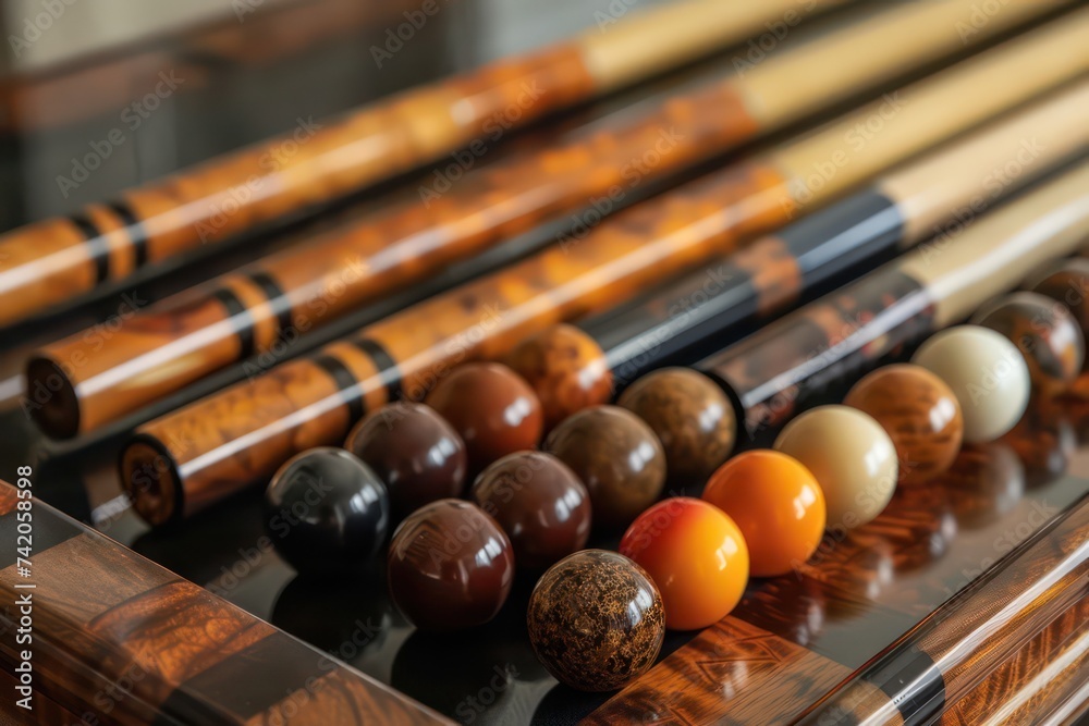 Naklejka premium bar and game set, in the style of dark brown and dark amber, reverent and tranquil