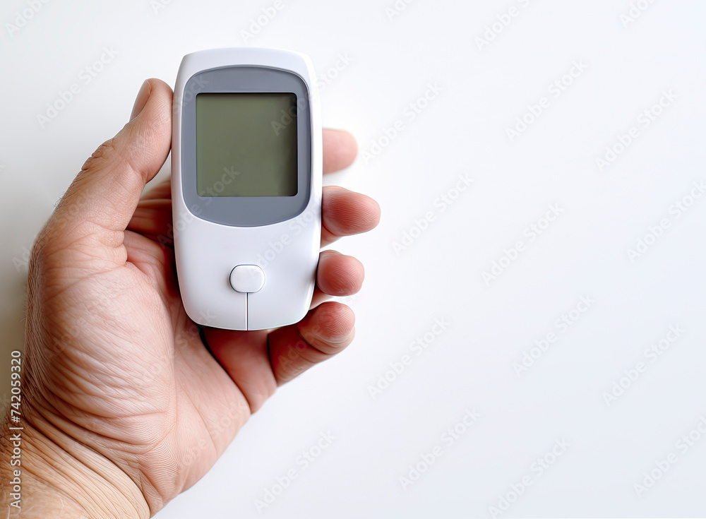 Man holding glucose meter on white background isolated space for text close up Man holding glucose meter on white background isolated space for text close up