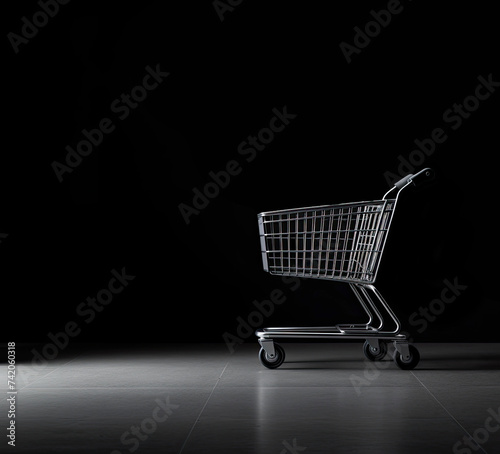 Silver shopping cart on dark background, close up, space for text, shopping day
