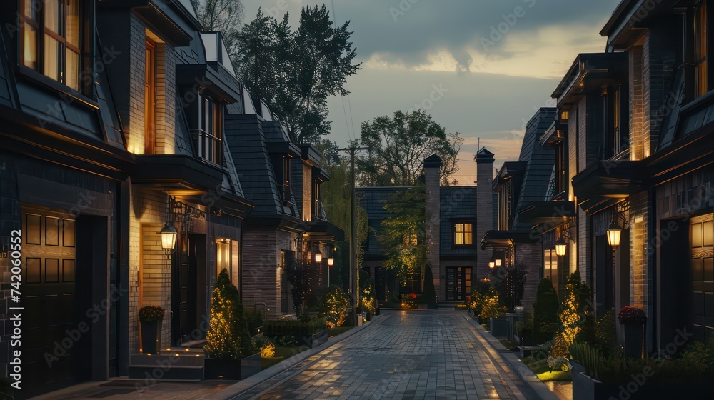 townhouses, in the style of light black and bronze, glazed surface, in the middle of the night, there is an empty road