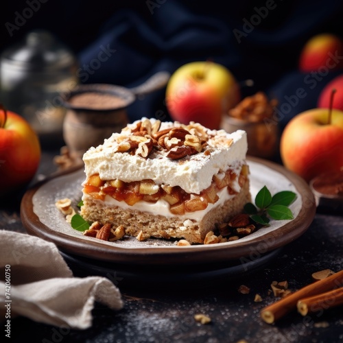 Delicious casserole with apples, cream cheese and ground nuts on a dark blured background, home baking. close-up, space for text
