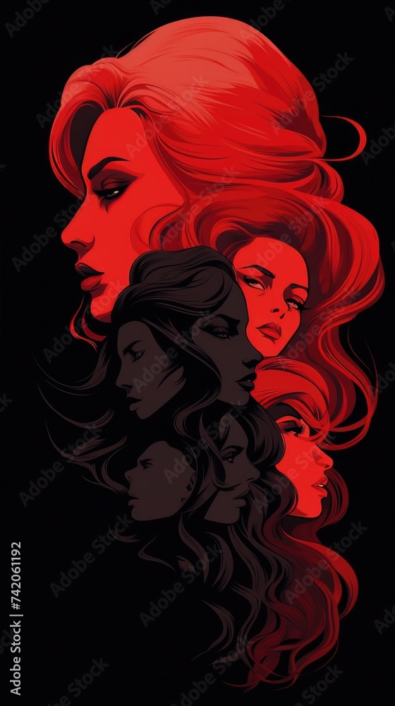 red. women of different ethnicities, cultures side by side together. Strong girls support each other. feminist movement red. women of different ethnicities, cultures side by side together. Strong girls support each other. feminist movement