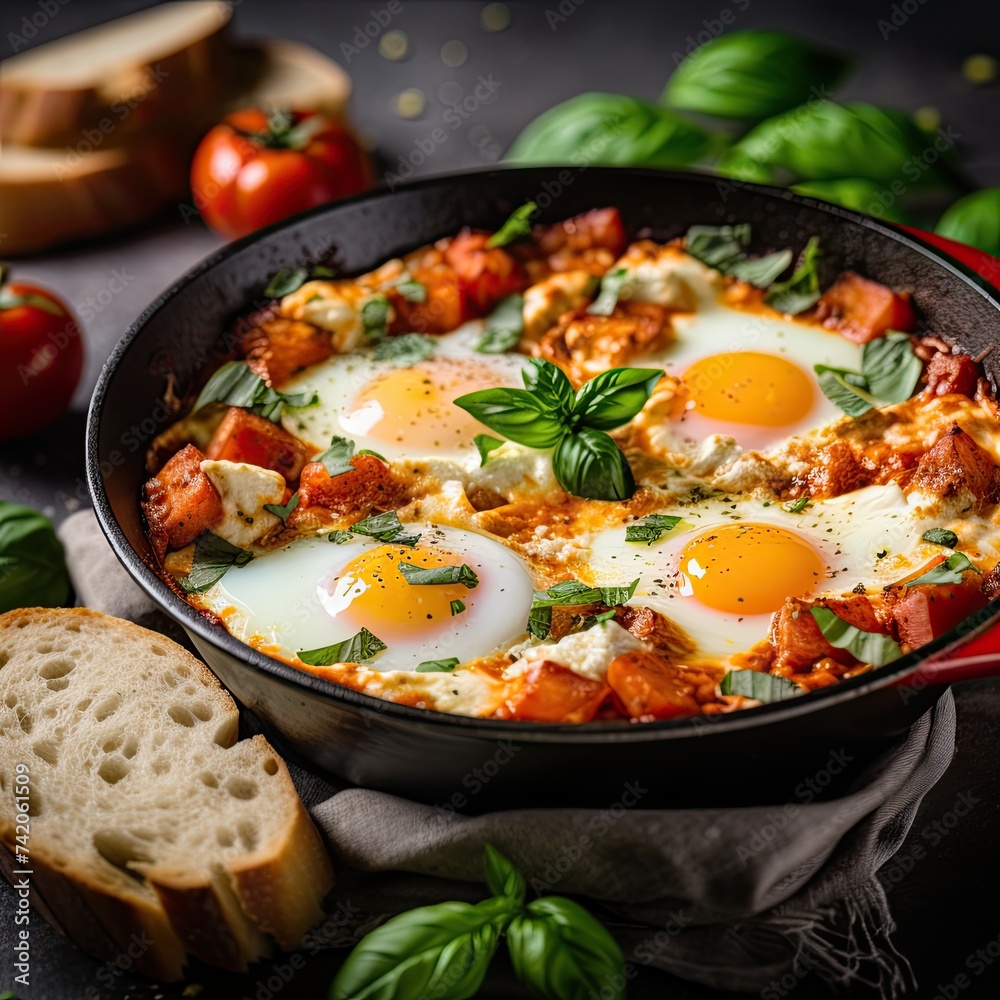 Shakshuka with eggs, basil leaves ,tomatoes in round iron pan, dark table, close up