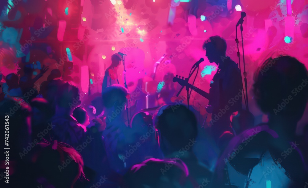 musicians performing in front of crowds with microphones, in the style of muted tonality, dark pink and amber musicians performing in front of crowds with microphones, in the style of muted tonality, dark pink and amber