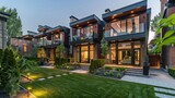 modern town home with a lawn and green landscaping, in the style of atmospheric lighting