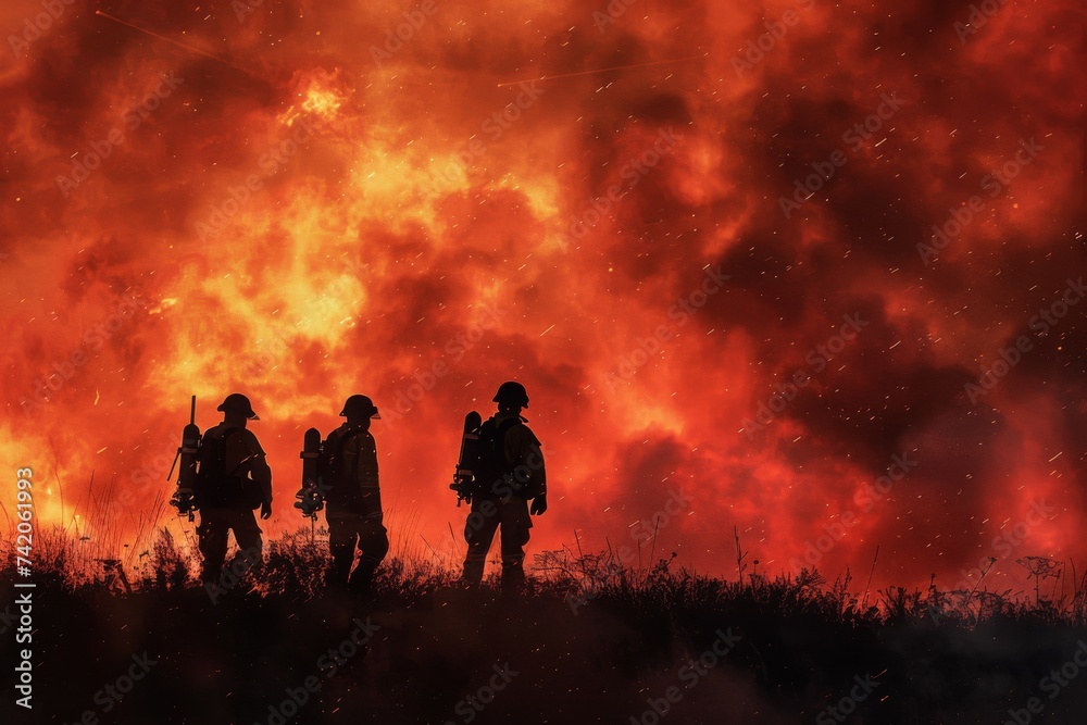 Firefighters in gear against fire Firefighters in gear against fire