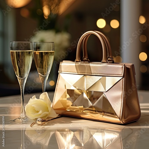 Elegant women's handbag in gold color with champagne glasses on blured garland background,close up, copy space. photo