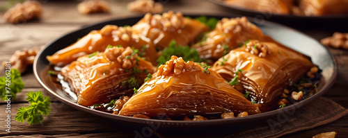 Baklava with walnut on wooden table. Traditional Turkish and Arabic dessert with nuts and honey. Mediterranean or middle eastern cuisine delicious for holiday or Ramadan. For greeting card, banner photo