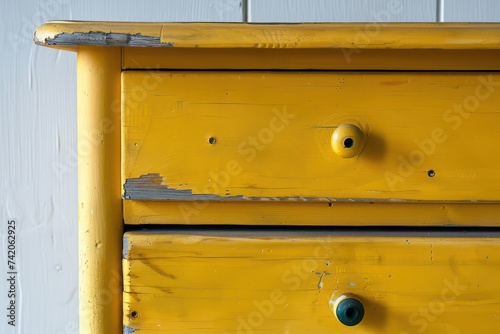 three drawer yellow dresser, in the style of intense color saturation, white background
