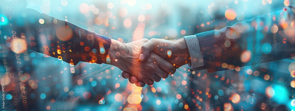 two businessmen shake hands in front of a complex business, in the style of data visualization two businessmen shake hands in front of a complex business, in the style of data visualization