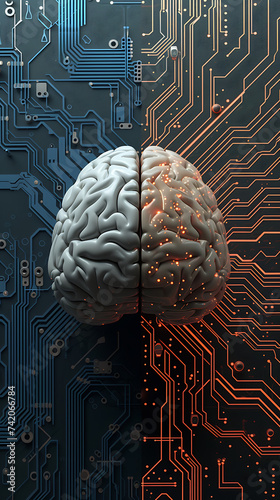 A science and technology hybrid image of a brain with circuit board, AI learning and psychology.