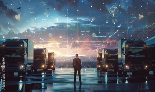 a man looking to a trucks parking lot, showing trucks lights at night, is trucks parked on a night cold winter, sunset
