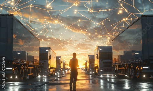 a man looking to a trucks parking lot, showing trucks lights at night, is trucks parked on a night cold winter, sunset