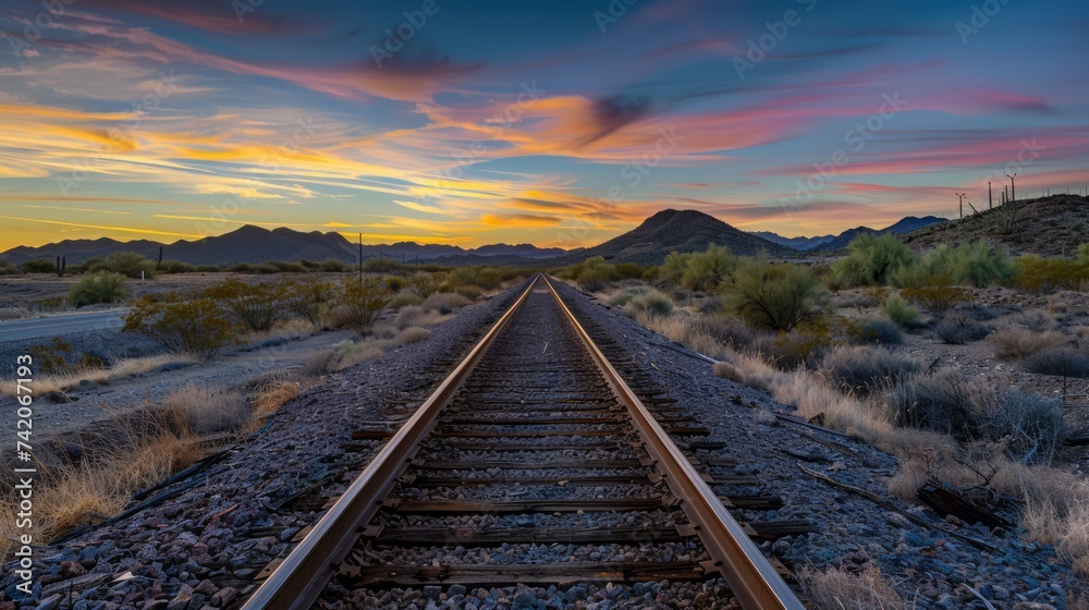 Train tracks headed into the distant horizon with colorful light of sunset shining in the background landscape Train tracks headed into the distant horizon with colorful light of sunset shining in the background landscape