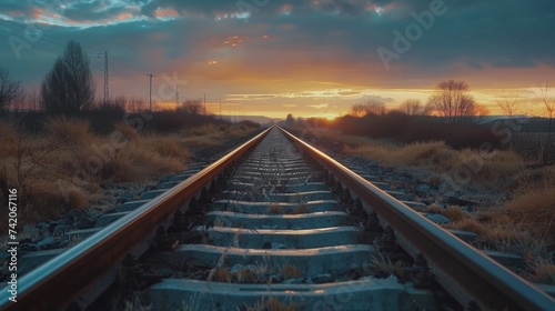 Train tracks headed into the distant horizon with colorful light of sunset shining in the background landscape