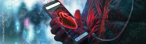 a man holding a smartphone with a heart on the screen, in the style of scientific accuracy, undefined anatomy photo