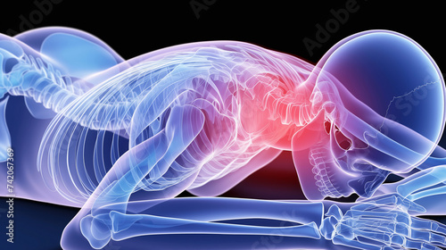 首痛の視覚表現: ルンバー領域での痛みと不快感を具現化したイメージ.