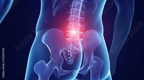 腰痛の視覚表現: ルンバー領域での痛みと不快感を具現化したイメージ.