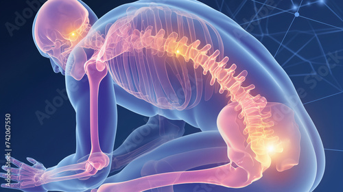 腰痛の視覚表現: ルンバー領域での痛みと不快感を具現化したイメージ.