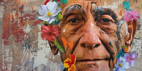 mature Latin man with flowers adorning his face  presenting an abstract contemporary art collage.