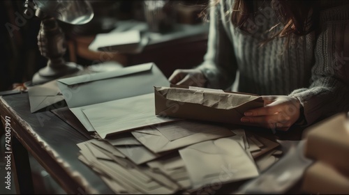 a woman is handling mail and sending it a package on a table photo