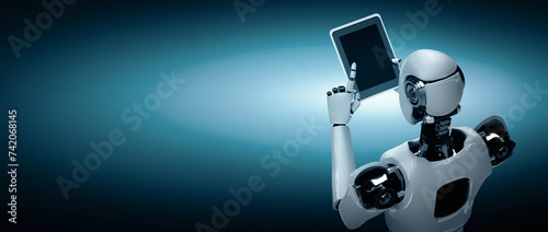 XAI 3d illustration Robot humanoid using tablet computer in future office while using AI thinking brain , artificial intelligence and machine learning process. 4th fourth industrial revolution 3D