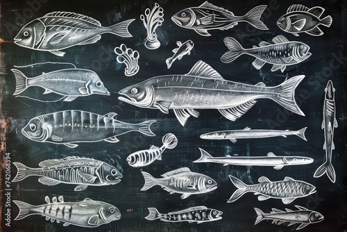 an artistic chalkboard fora fish market, in the style of eccentric penmanship, contoured shading