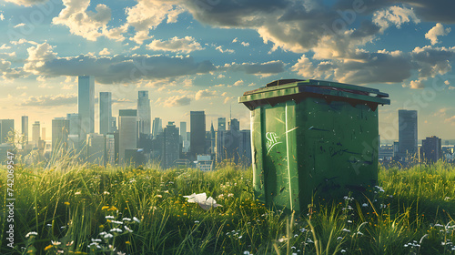 a green trash bin in a grassy field with a city in the background