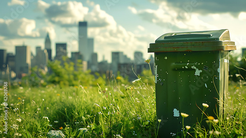a green trash bin in a grassy field with a city in the background