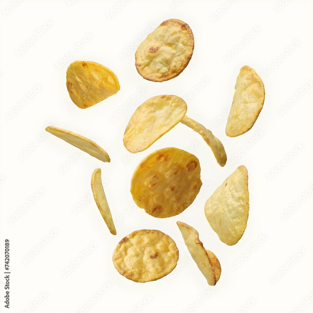 potato chips and crisps falling in motion in white background potato chips and crisps falling in motion in white background