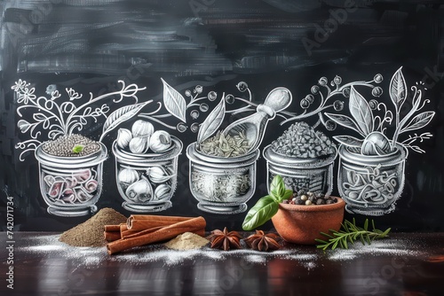 hand drawn spices set of items with a chalk based, large-scale canvases, silver and black  photo