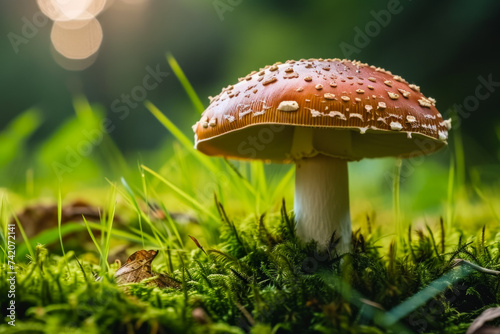 Fly agaric in the forest. Background with selective focus and copy space