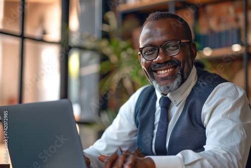 smiling businessman working on laptop in his office, in the style of joyful and optimistic, dynamic and exaggerated facial expressions